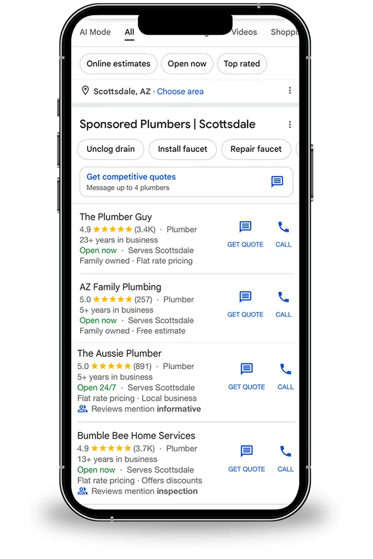 Google search results for home services on mobile phone